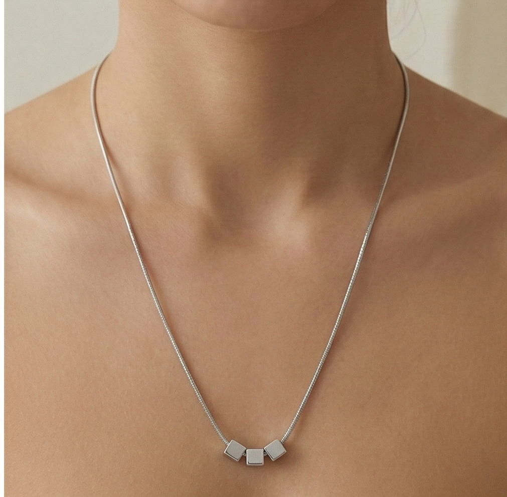 925 Sterling Silver Minimalist Triple Geometric Cube Pendant Necklace High Polish Jewellery For Women : AG0202-24
