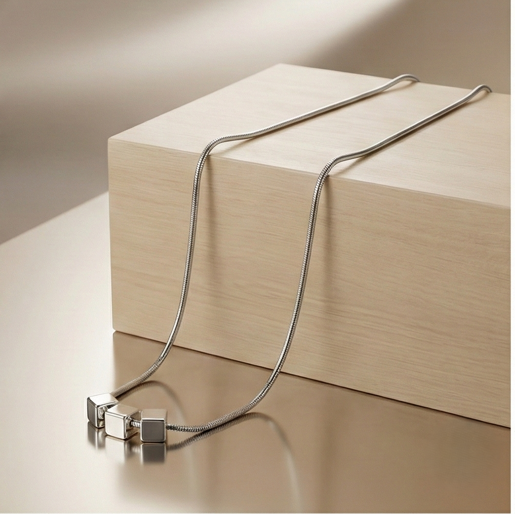 925 Sterling Silver Minimalist Triple Geometric Cube Pendant Necklace High Polish Jewellery For Women : AG0202-24