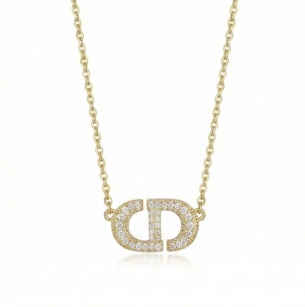 925 Sterling Silver Gold Plated Pave Interlocking Initial Pendant Necklace Jewellery For Women : AG0202-28