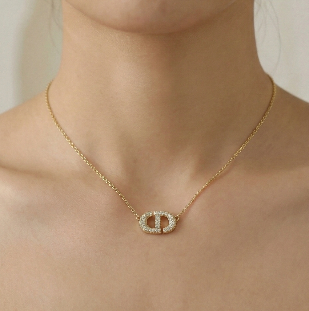 925 Sterling Silver Gold Plated Pave Interlocking Initial Pendant Necklace Jewellery For Women : AG0202-28