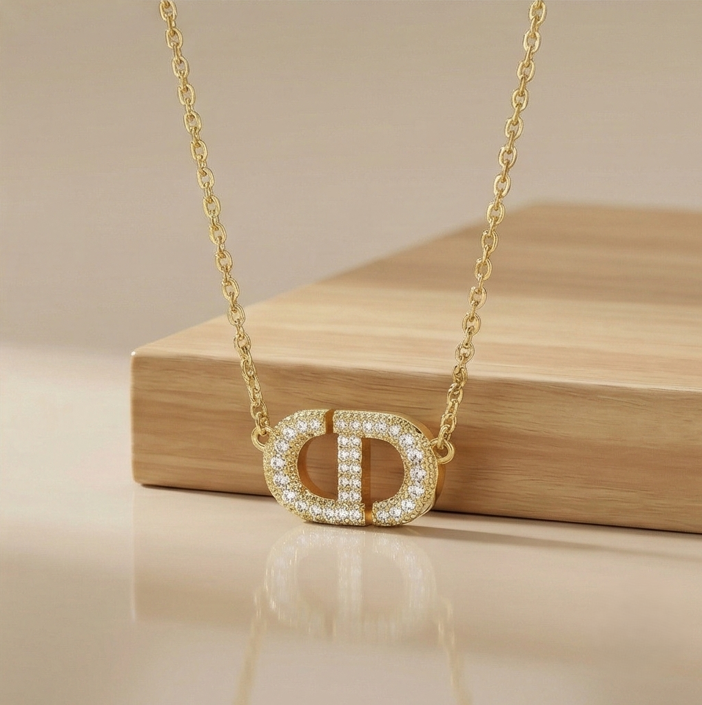 925 Sterling Silver Gold Plated Pave Interlocking Initial Pendant Necklace Jewellery For Women : AG0202-28