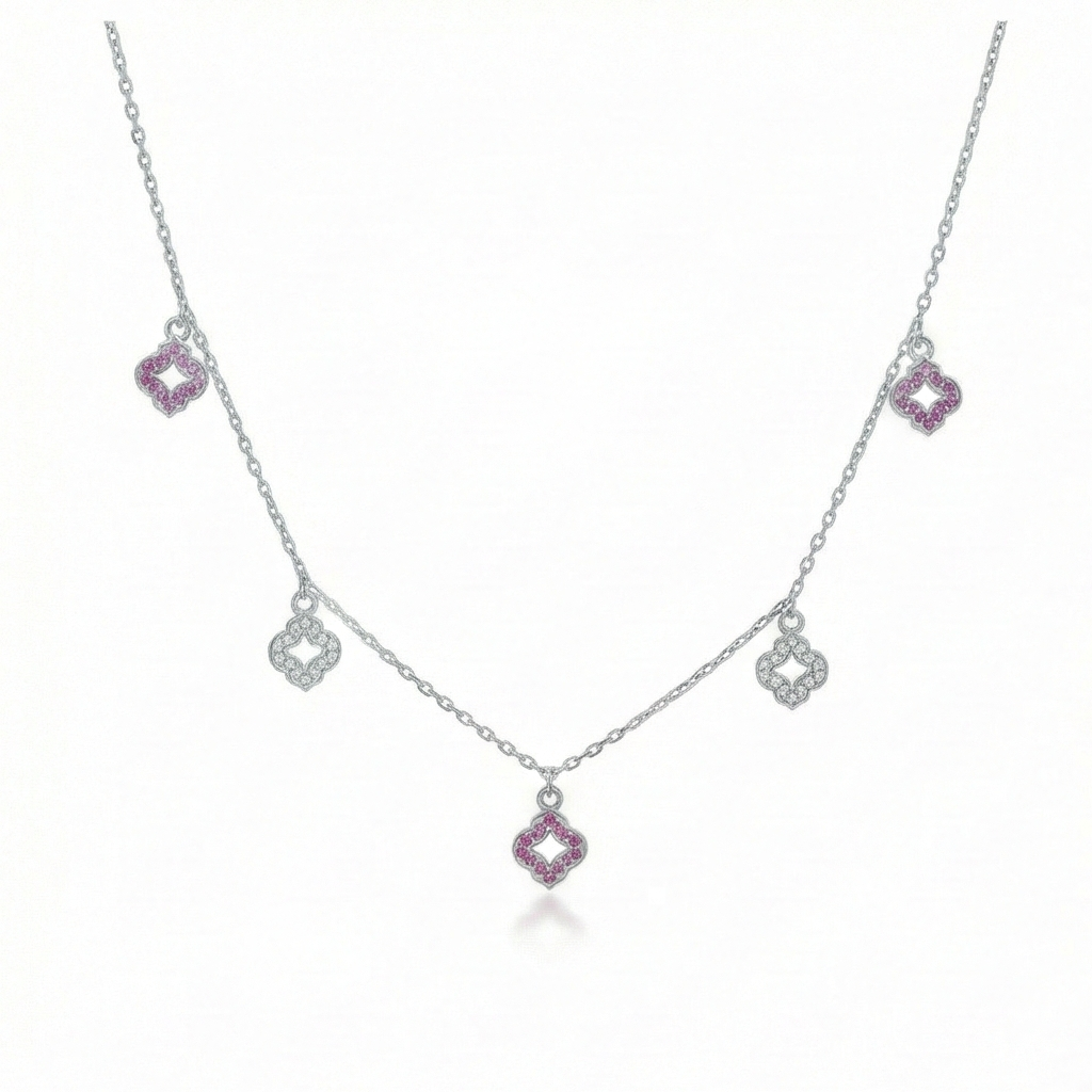 925 Sterling Silver Multi-Charm Clover Floral Station Necklace Jewellery For Women : AG0202-3