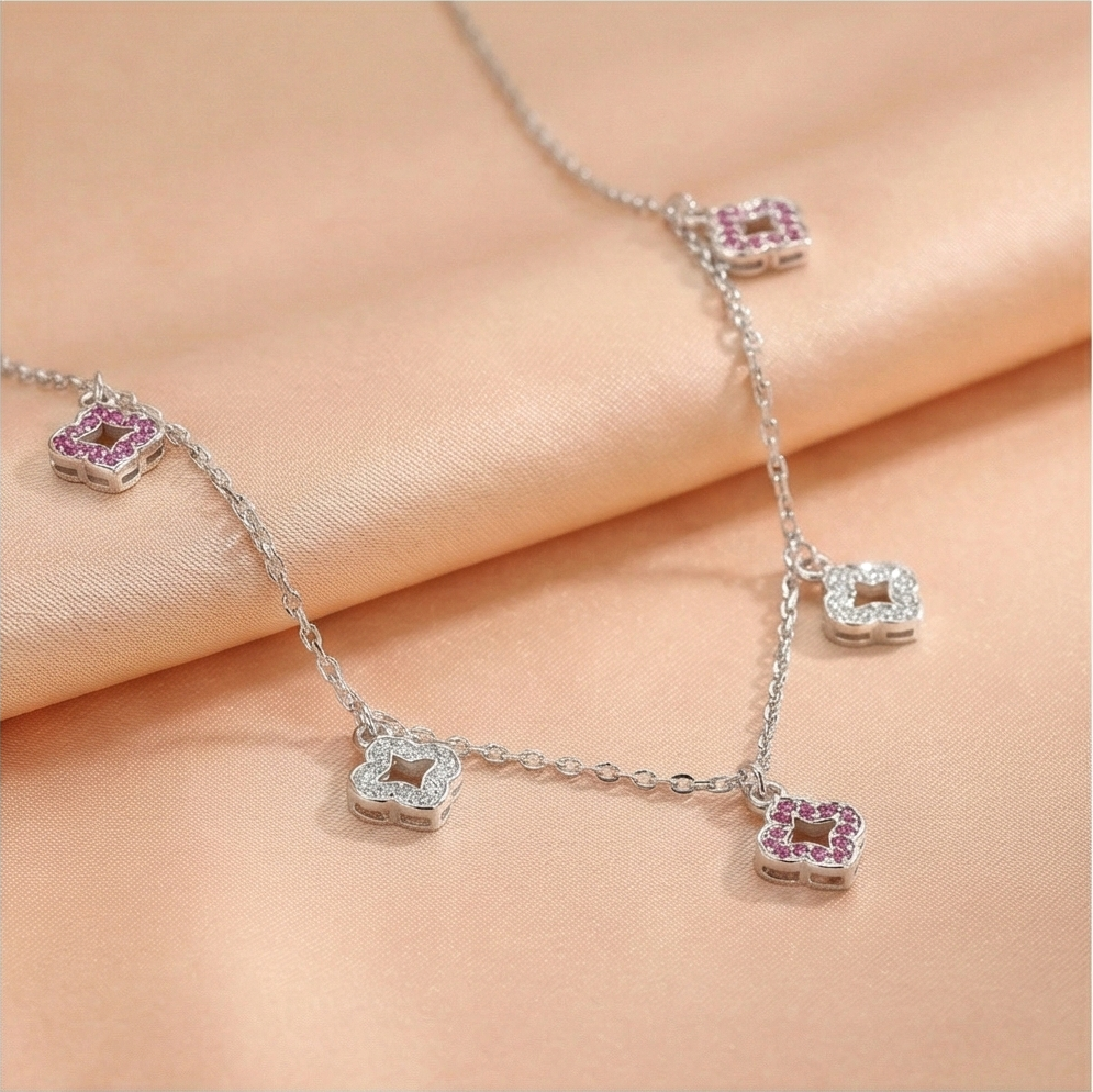 925 Sterling Silver Multi-Charm Clover Floral Station Necklace Jewellery For Women : AG0202-3