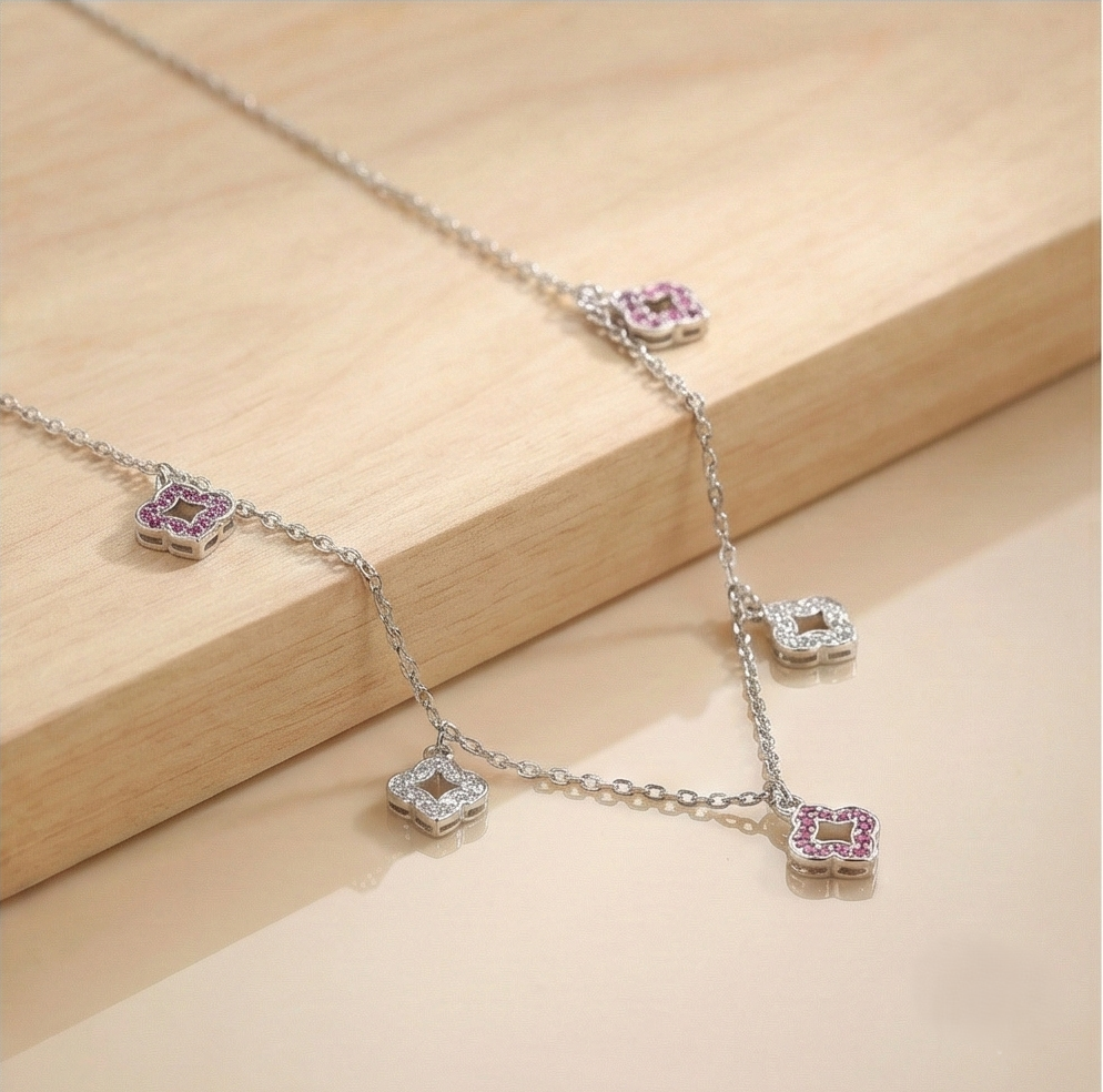 925 Sterling Silver Multi-Charm Clover Floral Station Necklace Jewellery For Women : AG0202-3