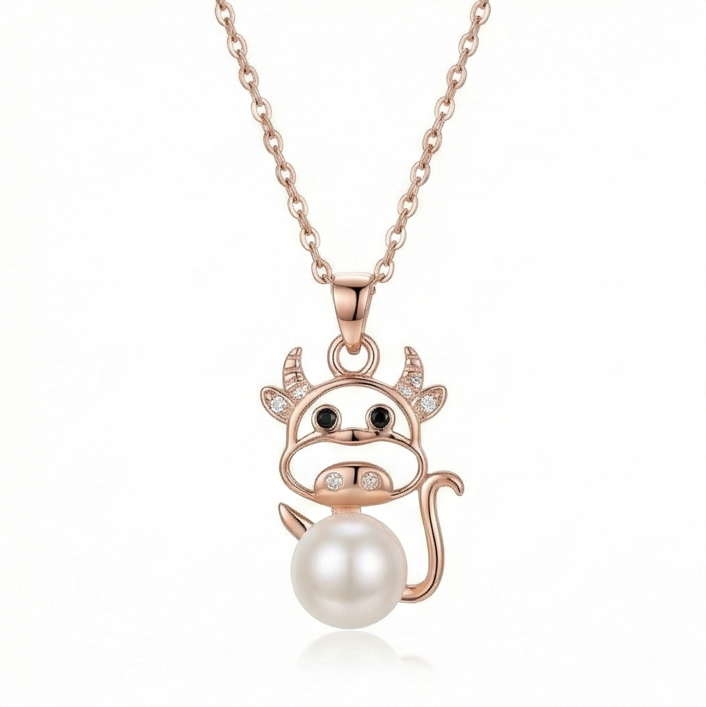 925 Sterling Silver Rose Gold Plated Playful Cow Pearl Pendant Necklace Jewellery For Women And Girls : AG0202-31