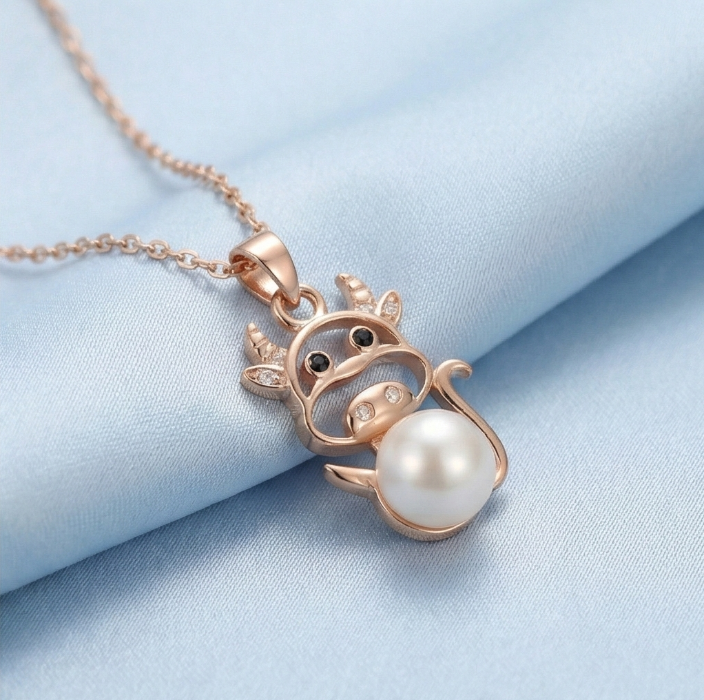 925 Sterling Silver Rose Gold Plated Playful Cow Pearl Pendant Necklace Jewellery For Women And Girls : AG0202-31