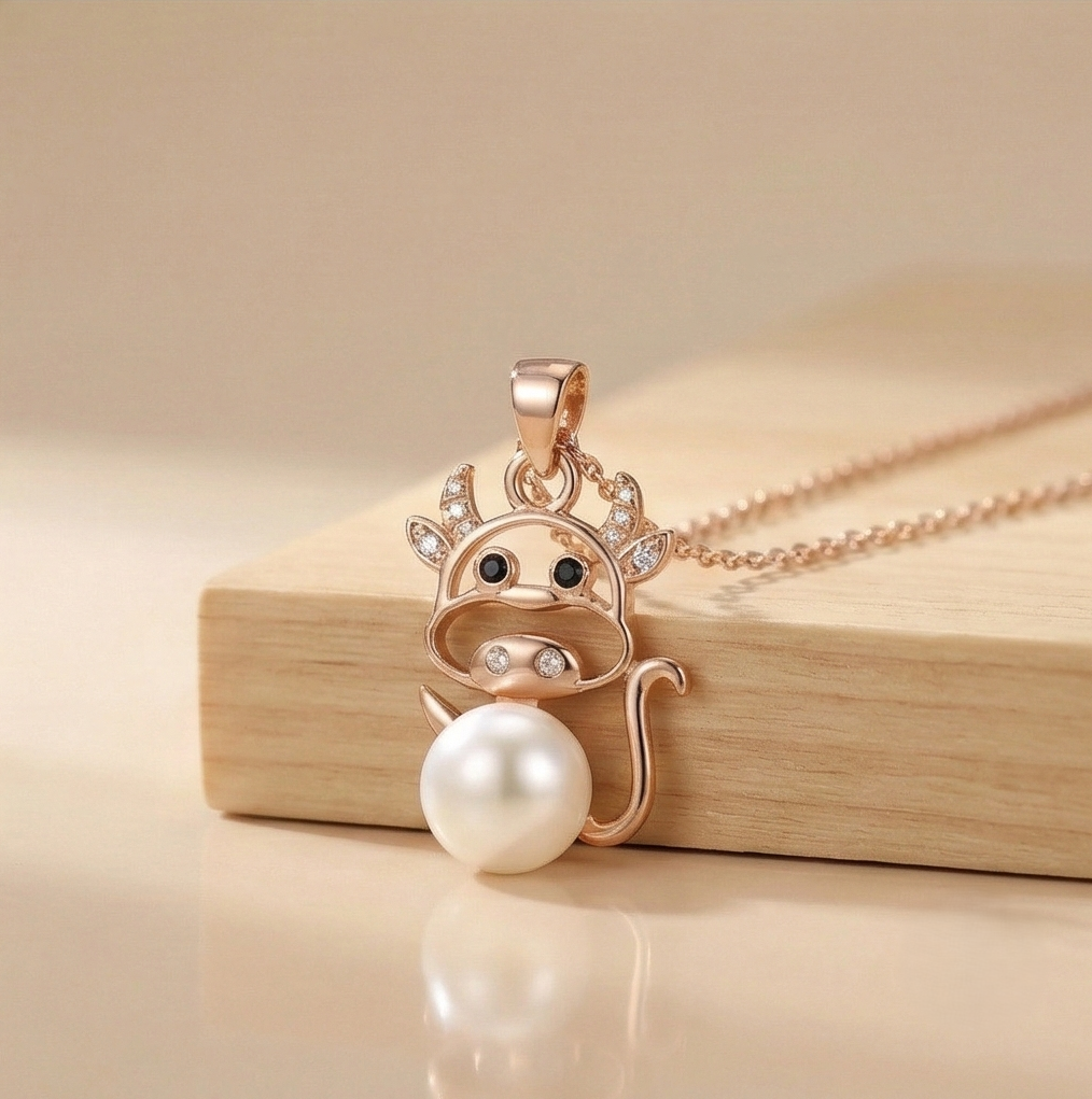 925 Sterling Silver Rose Gold Plated Playful Cow Pearl Pendant Necklace Jewellery For Women And Girls : AG0202-31