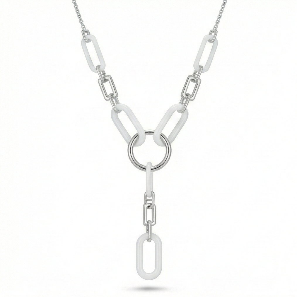 925 Sterling Silver Modern White Oval Link Paperclip Chain Y-Necklace Jewellery : AG0202-37