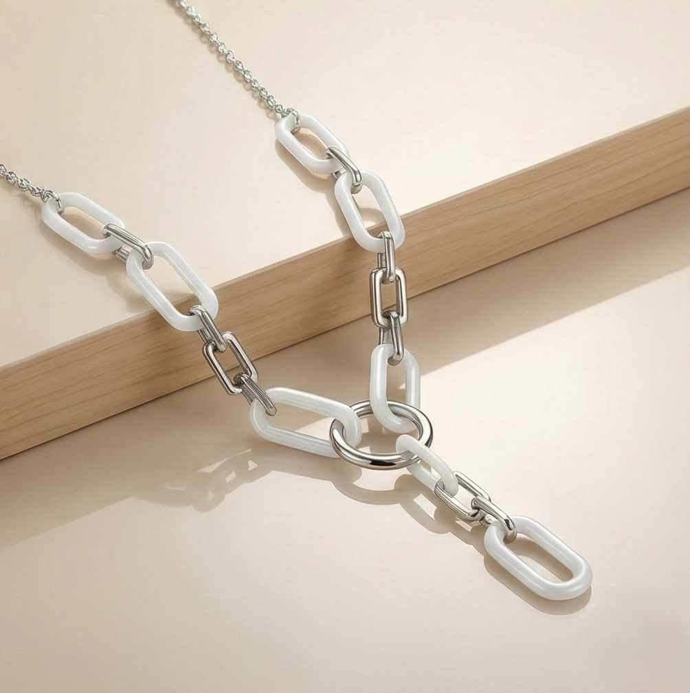 925 Sterling Silver Modern White Oval Link Paperclip Chain Y-Necklace Jewellery : AG0202-37