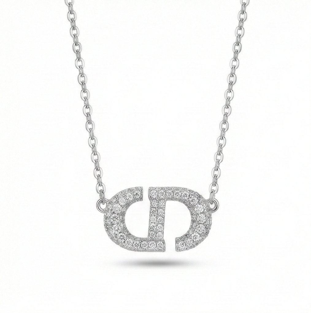 925 Sterling Silver Pave Set Interlocking Initial Pendant Necklace Jewellery For Women : AG0202-38