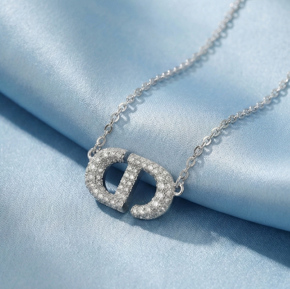 925 Sterling Silver Pave Set Interlocking Initial Pendant Necklace Jewellery For Women : AG0202-38