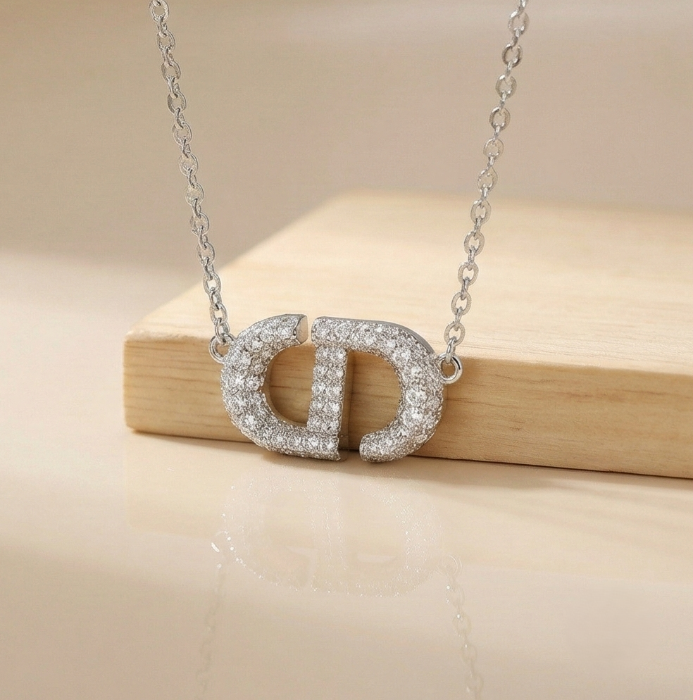 925 Sterling Silver Pave Set Interlocking Initial Pendant Necklace Jewellery For Women : AG0202-38