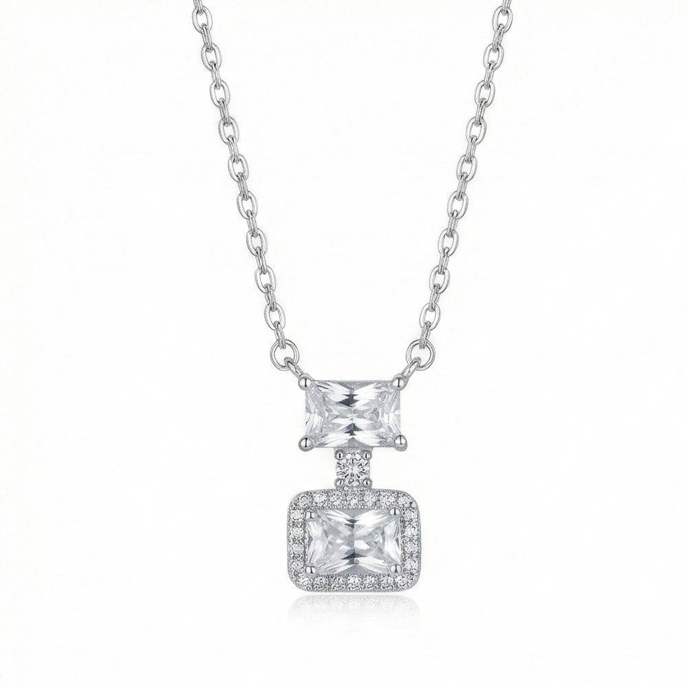 925 Sterling Silver Double Geometric Drop Stone Pendant Necklace Jewellery For Women : AG0202-41