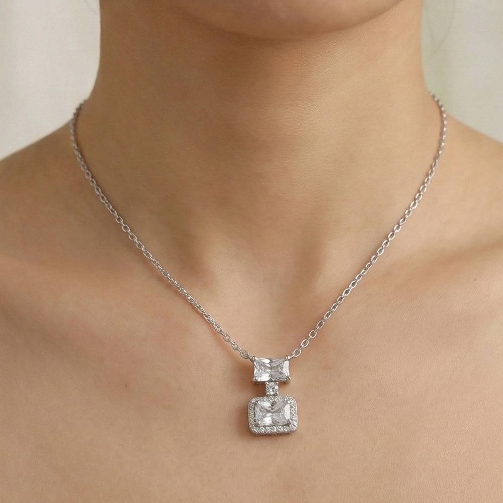925 Sterling Silver Double Geometric Drop Stone Pendant Necklace Jewellery For Women : AG0202-41