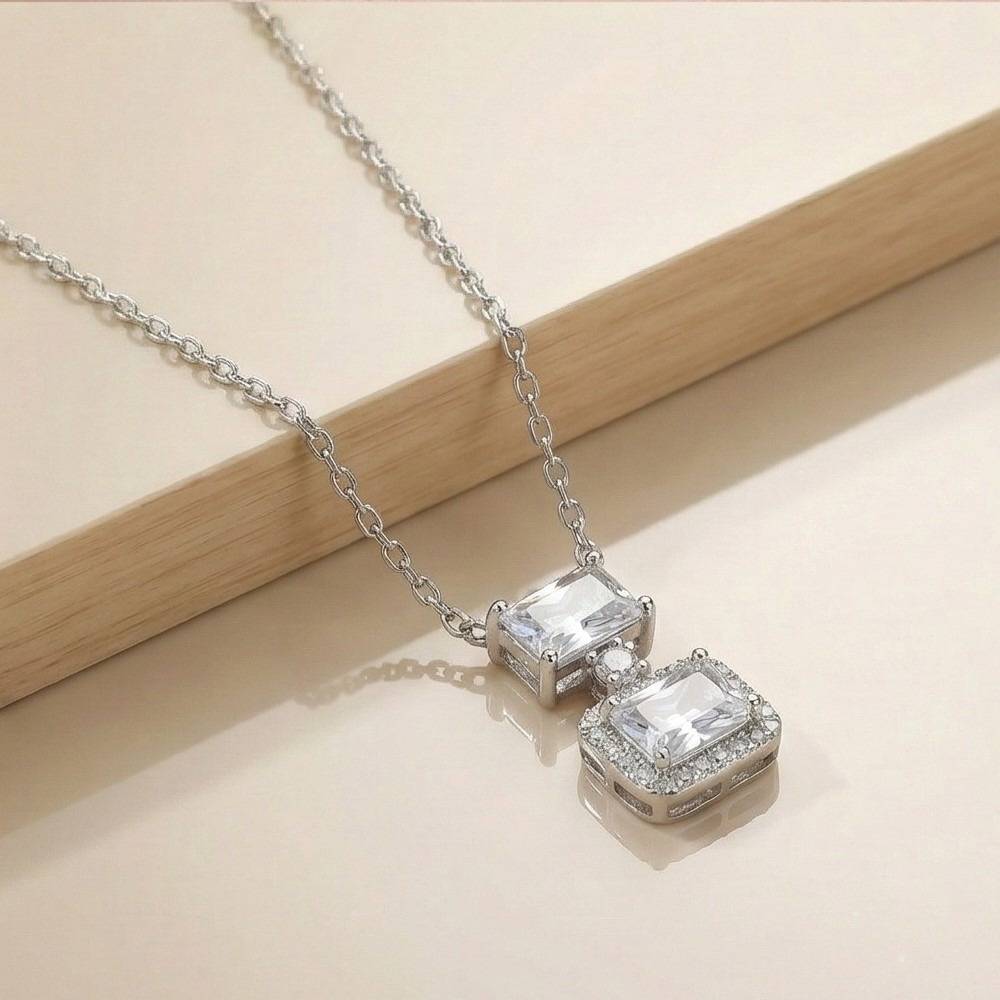 925 Sterling Silver Double Geometric Drop Stone Pendant Necklace Jewellery For Women : AG0202-41