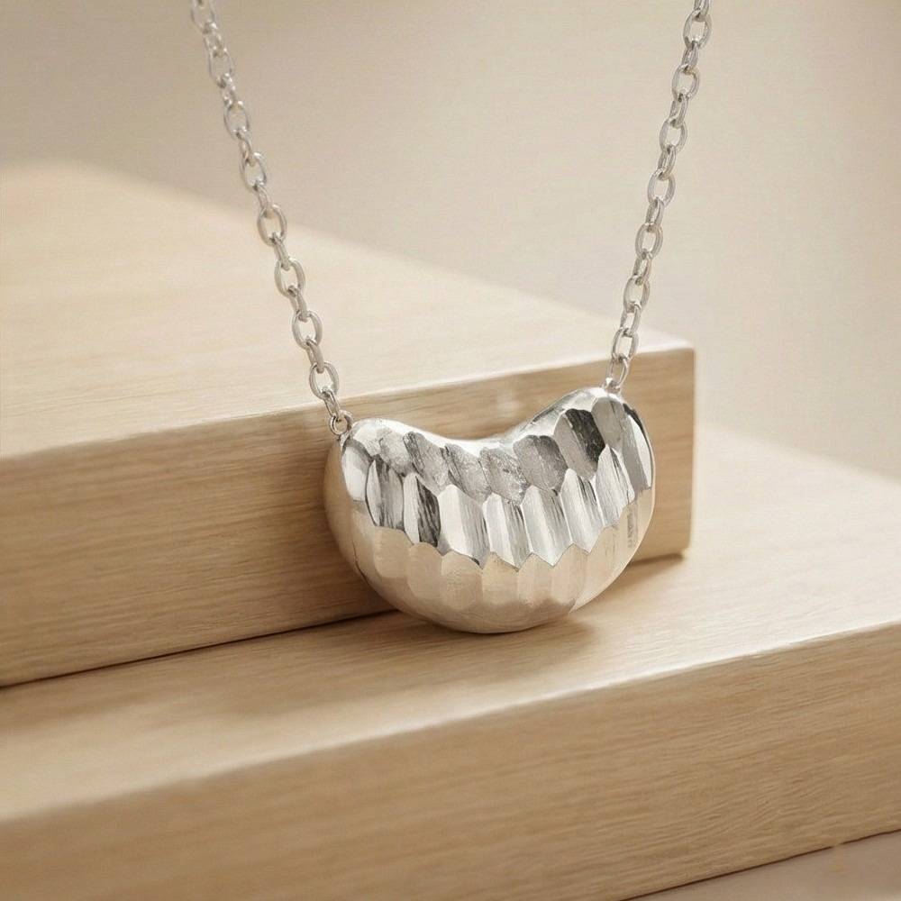 925 Sterling Silver Faceted Geometric Textured Bean Pendant Necklace Jewellery For Women : AG0202-44