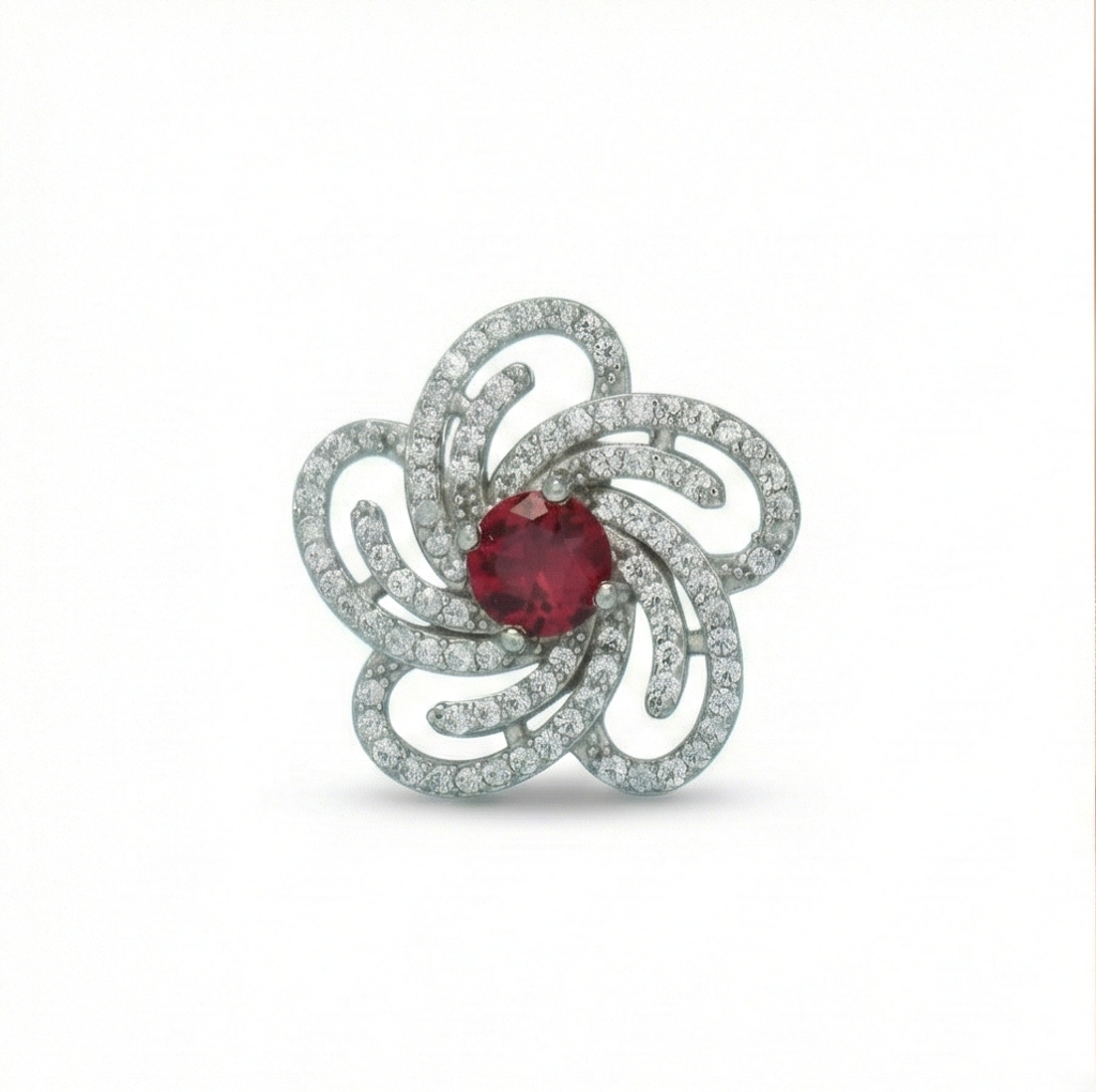 925 Sterling Silver Floral Swirl Red Stone Ring Jewellery For Women : AG0202-49
