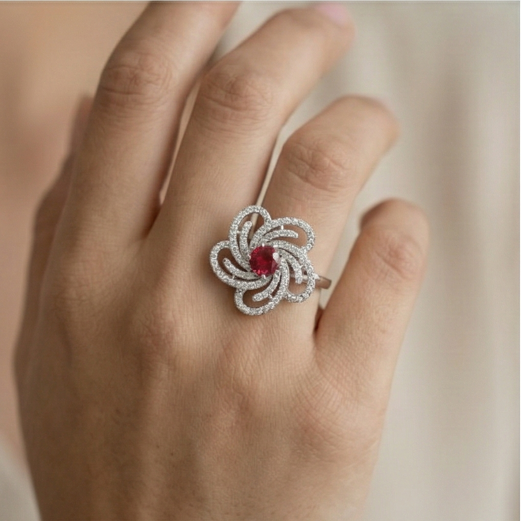 925 Sterling Silver Floral Swirl Red Stone Ring Jewellery For Women : AG0202-49