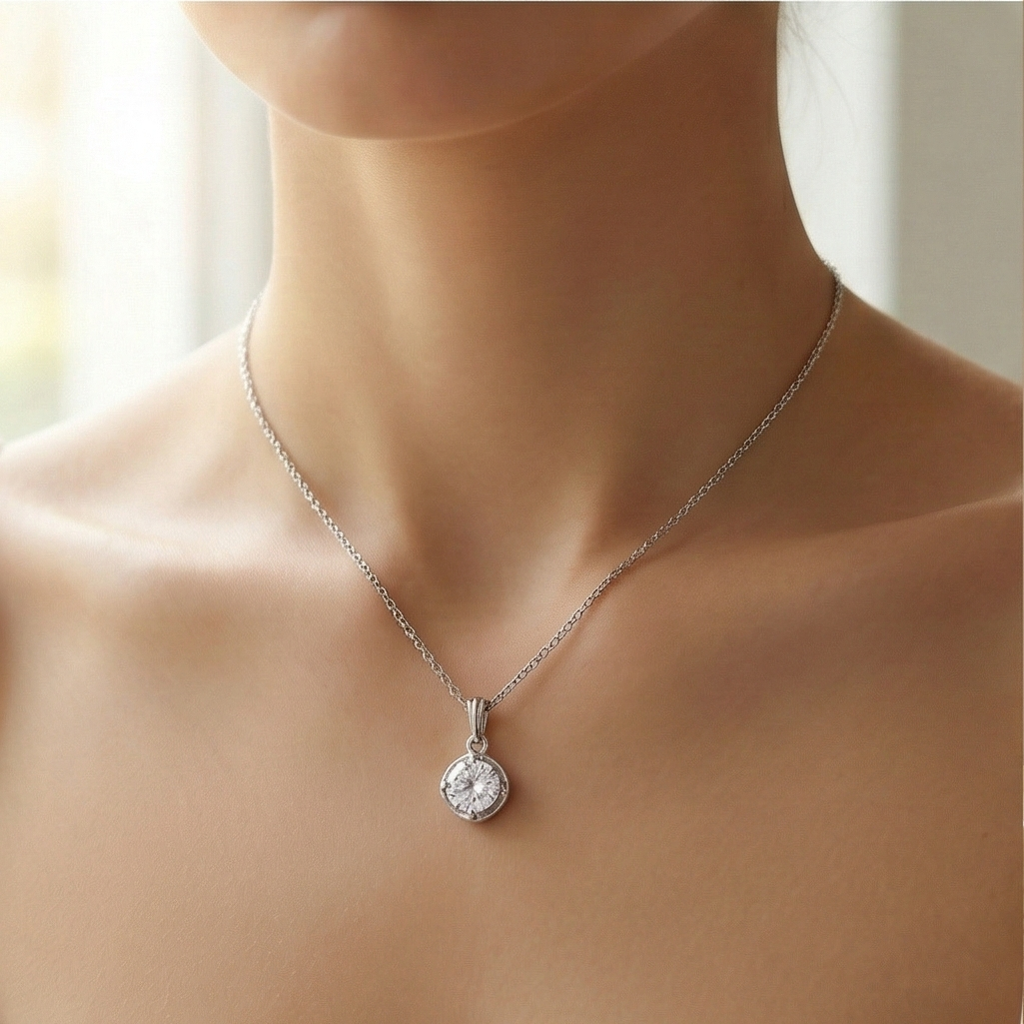 925 Sterling Silver Classic Round Solitaire Pendant Necklace Jewellery For Women : AG0202-5