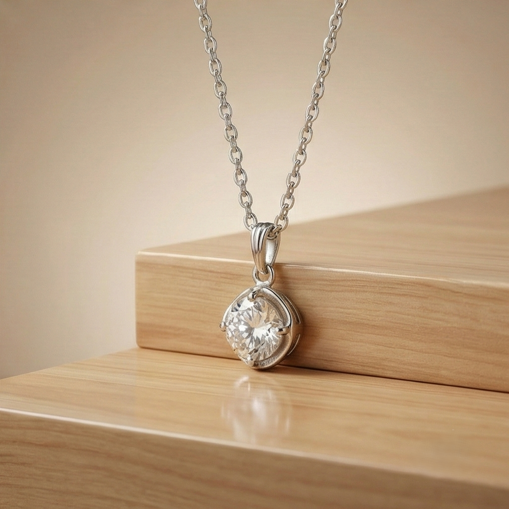 925 Sterling Silver Classic Round Solitaire Pendant Necklace Jewellery For Women : AG0202-5