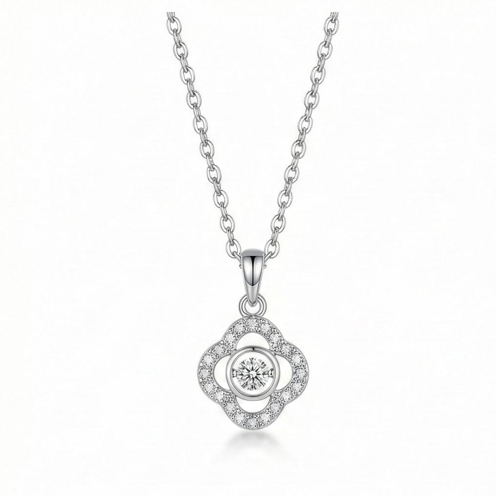 925 Sterling Silver Dancing Stone Floral Clover Pendant Necklace Jewellery For Women : AG0202-6