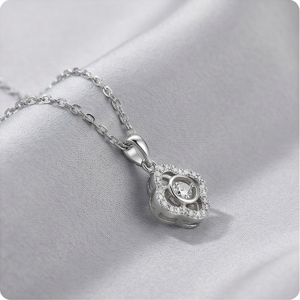 925 Sterling Silver Dancing Stone Floral Clover Pendant Necklace Jewellery For Women : AG0202-6