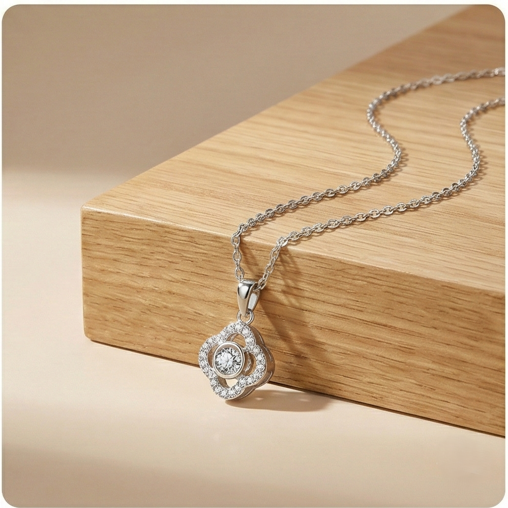 925 Sterling Silver Dancing Stone Floral Clover Pendant Necklace Jewellery For Women : AG0202-6