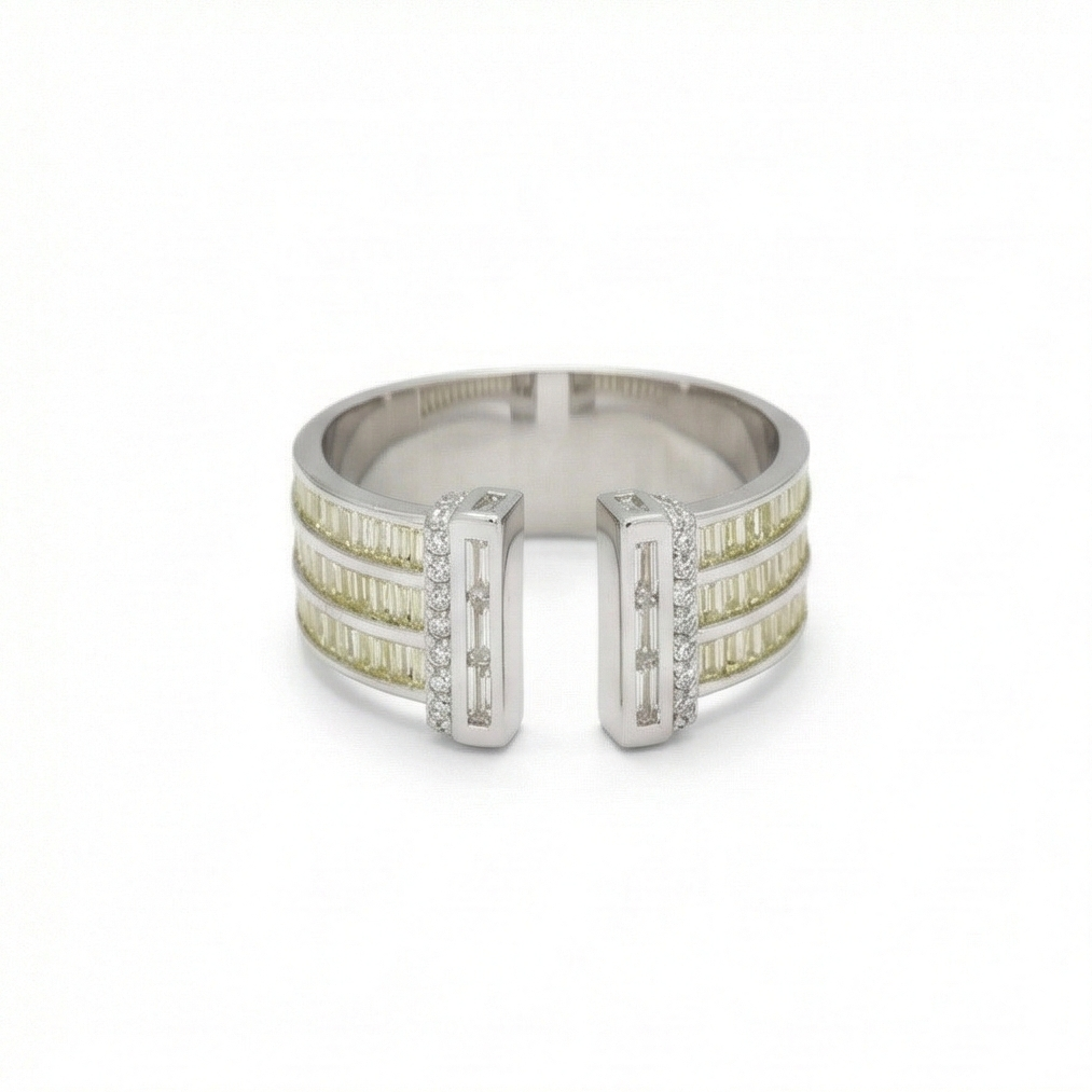 925 Sterling Silver Wide Band Baguette Yellow Stone Open Ring Jewellery For Women : AG0202-67