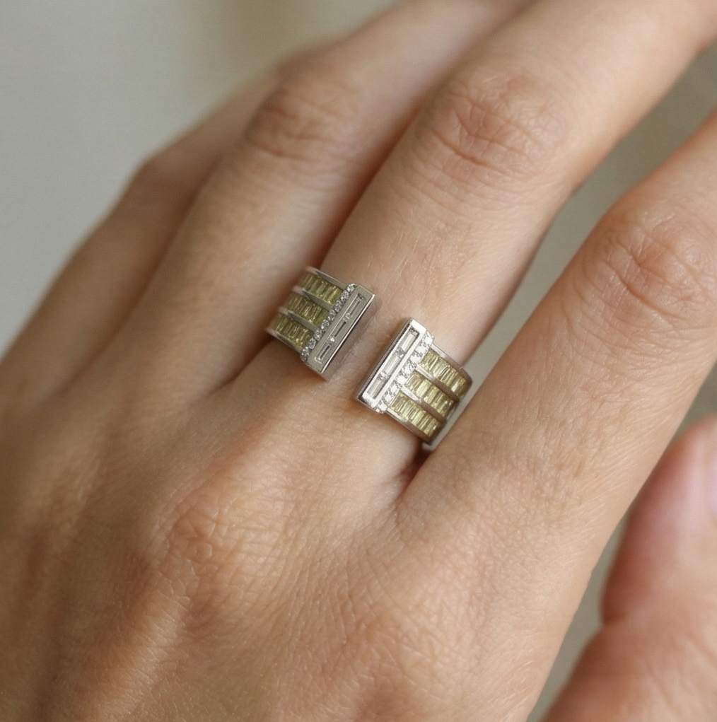 925 Sterling Silver Wide Band Baguette Yellow Stone Open Ring Jewellery For Women : AG0202-67