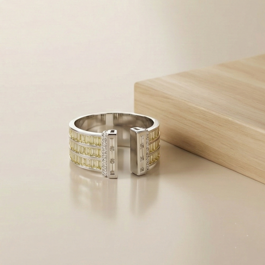 925 Sterling Silver Wide Band Baguette Yellow Stone Open Ring Jewellery For Women : AG0202-67
