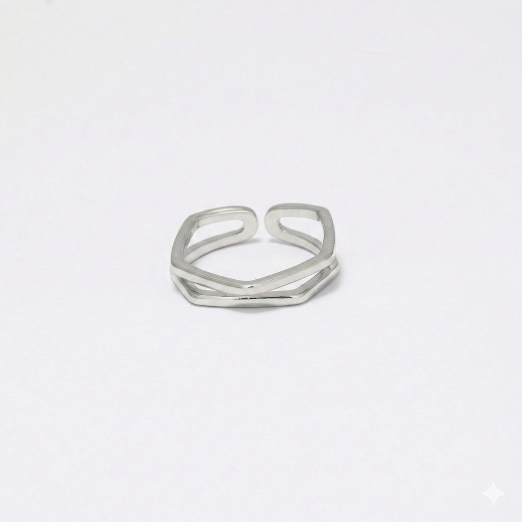925 Sterling Silver Geometric Hexagon Open Ring High Polish Adjustable Minimalist Jewellery For Women : AG0202-71-79