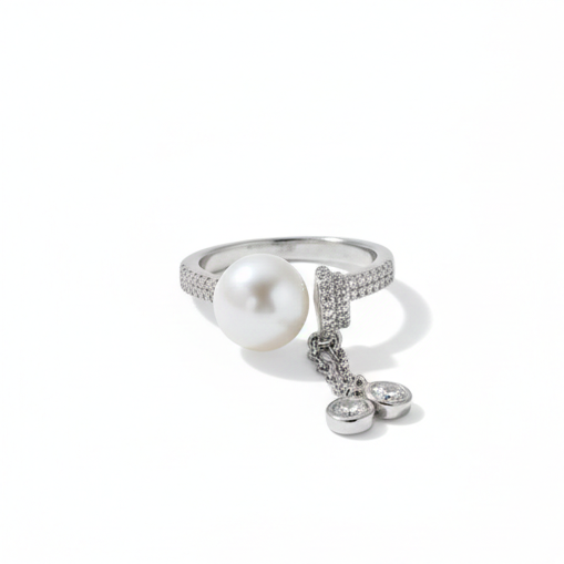 925 Sterling Silver Contemporary Pearl And Dangle Charm Ring High Polish Rhodium Jewellery For Women : AG0202-75-81