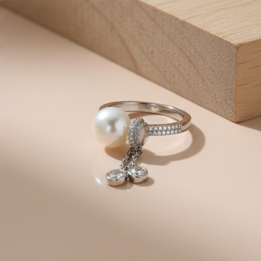 925 Sterling Silver Contemporary Pearl And Dangle Charm Ring High Polish Rhodium Jewellery For Women : AG0202-75-81
