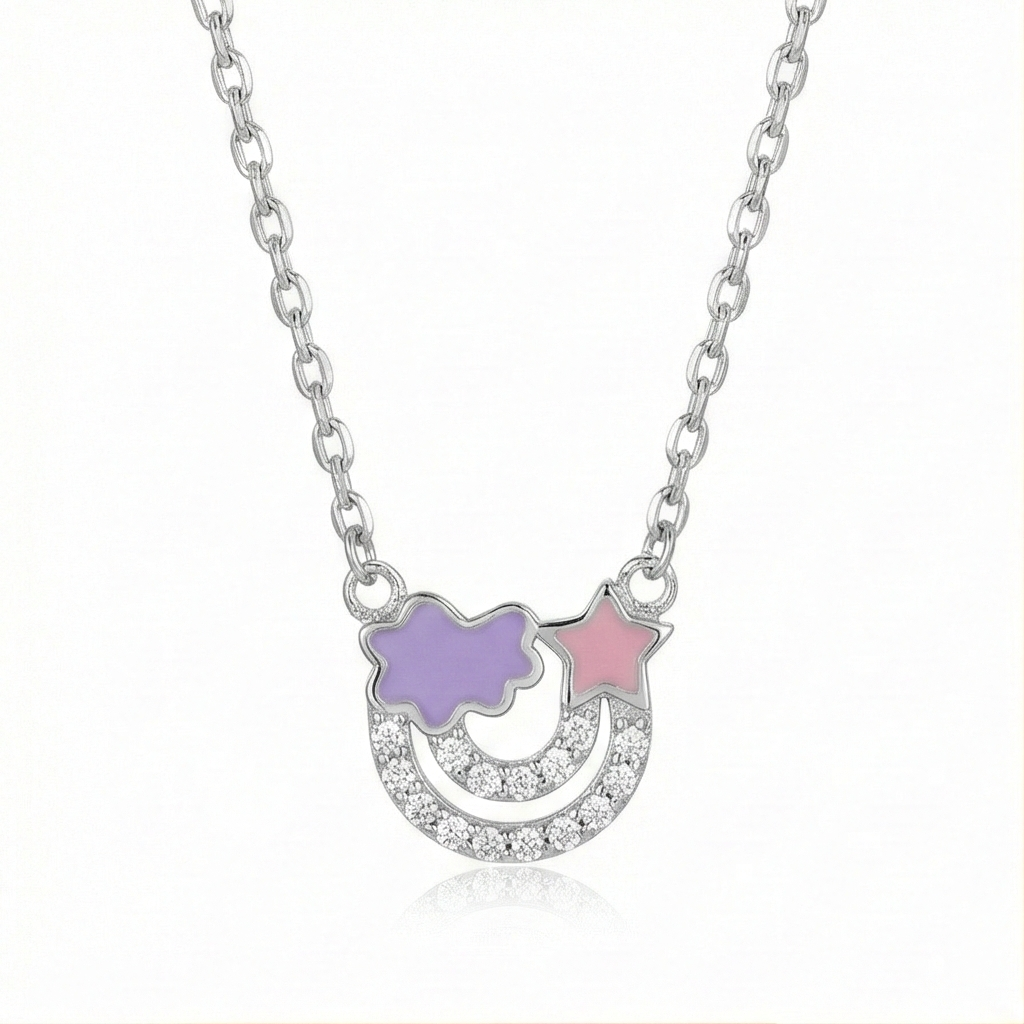 925 Sterling Silver Enamel Cloud Star And Rainbow Charm Pendant Necklace Jewellery For Girls : AG0202-8