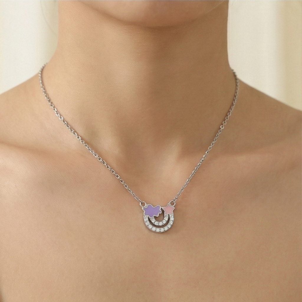 925 Sterling Silver Enamel Cloud Star And Rainbow Charm Pendant Necklace Jewellery For Girls : AG0202-8