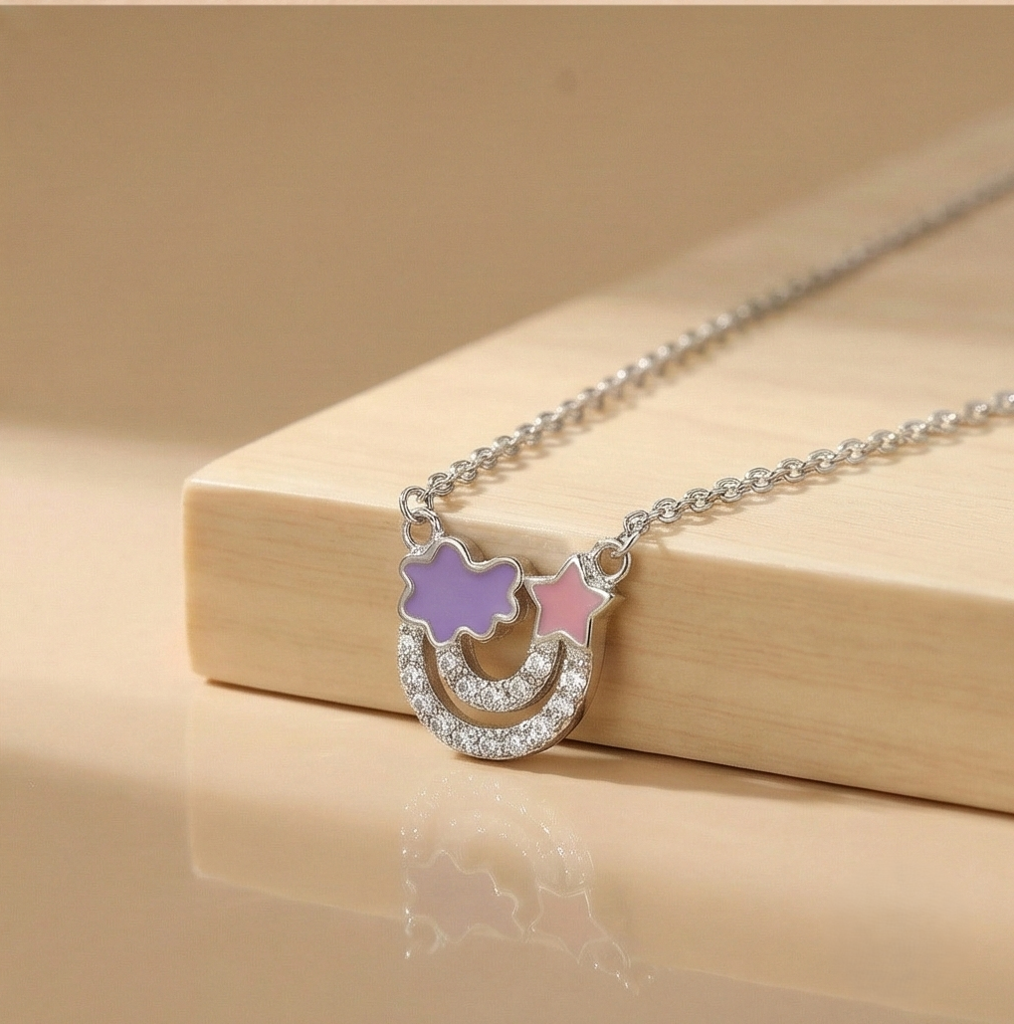 925 Sterling Silver Enamel Cloud Star And Rainbow Charm Pendant Necklace Jewellery For Girls : AG0202-8