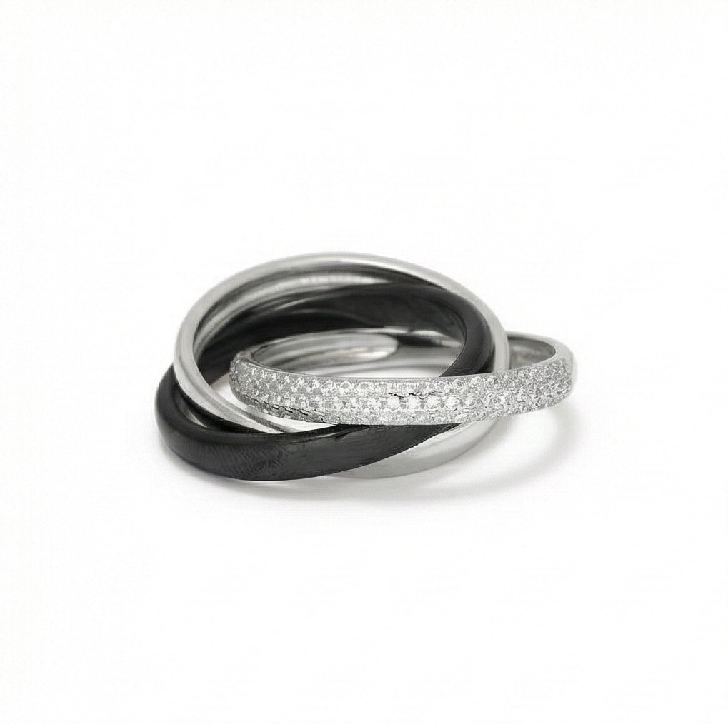 925 Sterling Silver Triple Interlocking Rolling Ring Jewellery With High Polish And Black Matte Finish For Women : AG0202-80