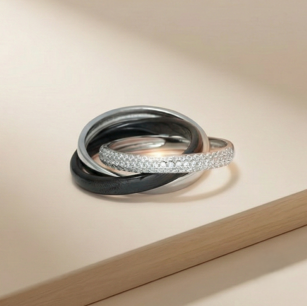 925 Sterling Silver Triple Interlocking Rolling Ring Jewellery With High Polish And Black Matte Finish For Women : AG0202-80