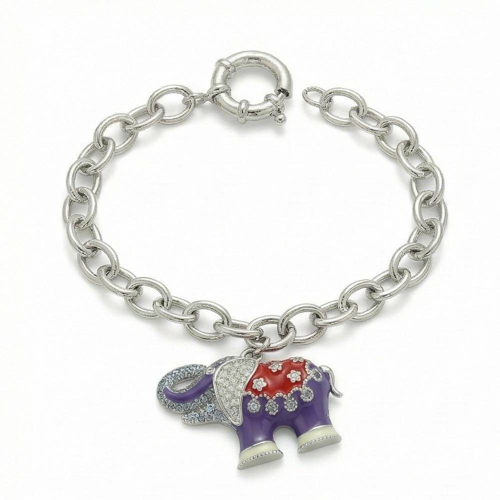 925 Sterling Silver Enamel Elephant Charm Chain Bracelet Jewellery For Women High Polish Finish : AG0202-95