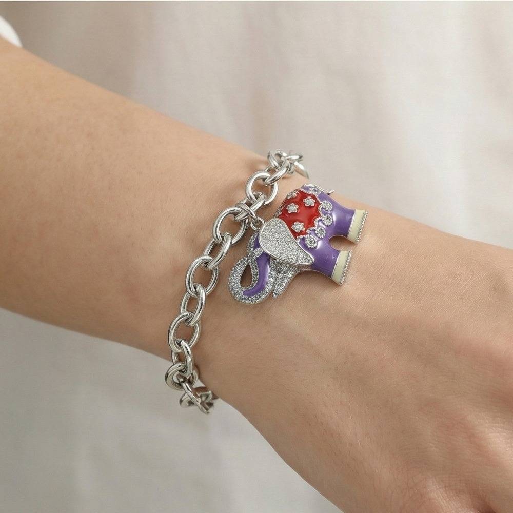 925 Sterling Silver Enamel Elephant Charm Chain Bracelet Jewellery For Women High Polish Finish : AG0202-95
