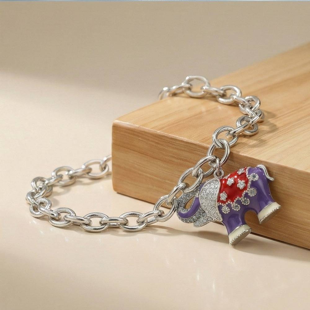 925 Sterling Silver Enamel Elephant Charm Chain Bracelet Jewellery For Women High Polish Finish : AG0202-95