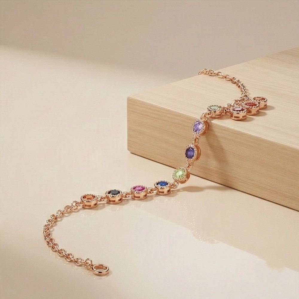 925 Sterling Silver Rose Gold Plated Rainbow Bezel Station Bracelet Jewellery : AG0202-98