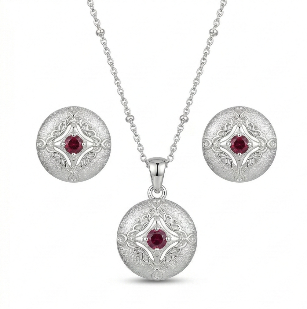 Luxe Collection - Vintage Round Filigree Pendant Necklace And Stud Earrings Jewellery Set For Women : AGCPS0203011