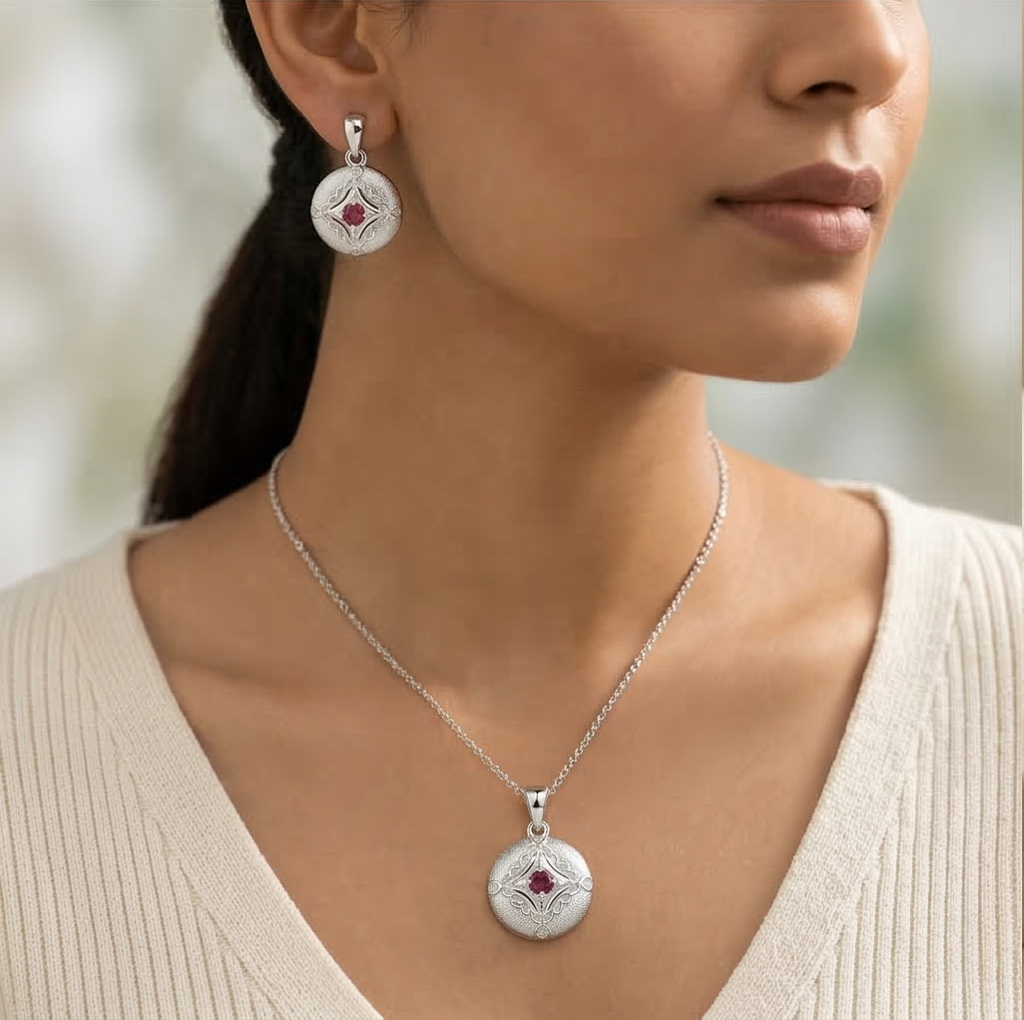 Luxe Collection - Vintage Round Filigree Pendant Necklace And Stud Earrings Jewellery Set For Women : AGCPS0203011