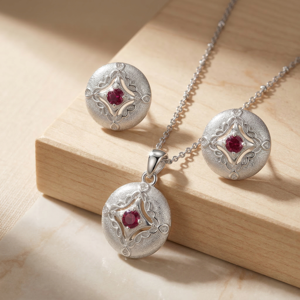 Luxe Collection - Vintage Round Filigree Pendant Necklace And Stud Earrings Jewellery Set For Women : AGCPS0203011