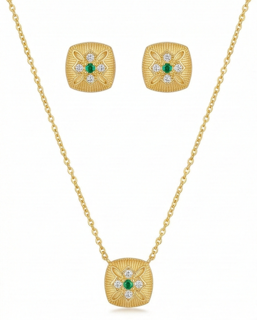 Luxe Collection - Textured Cushion Pendant Necklace And Earrings Set Yellow Gold Finish Vintage Jewellery : AGCPS0203015