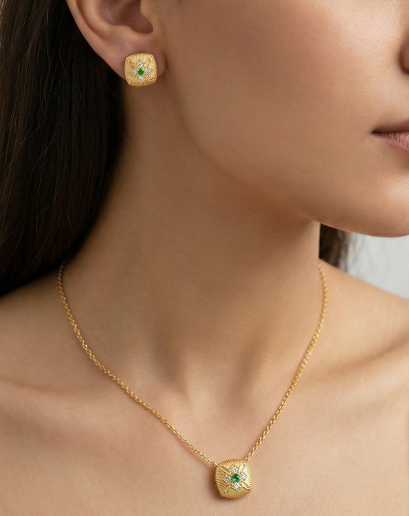 Luxe Collection - Textured Cushion Pendant Necklace And Earrings Set Yellow Gold Finish Vintage Jewellery : AGCPS0203015