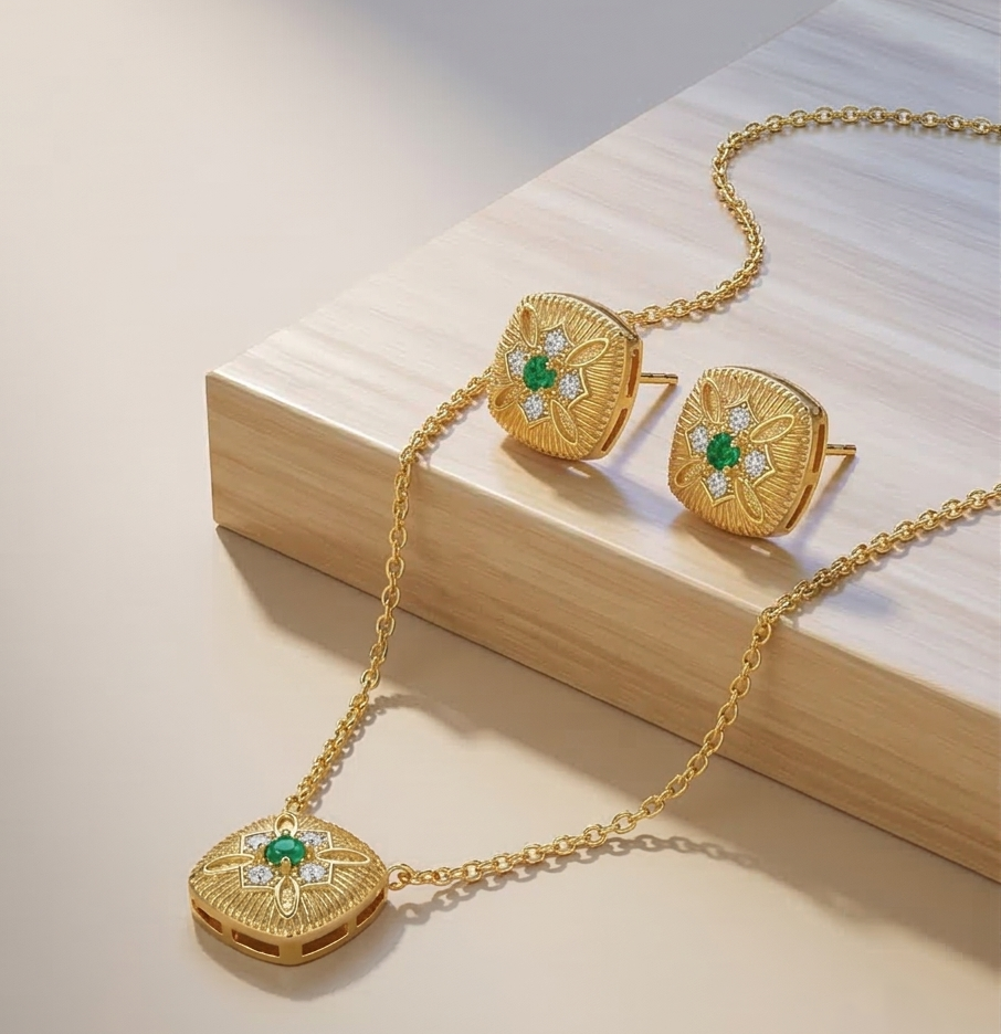 Luxe Collection - Textured Cushion Pendant Necklace And Earrings Set Yellow Gold Finish Vintage Jewellery : AGCPS0203015