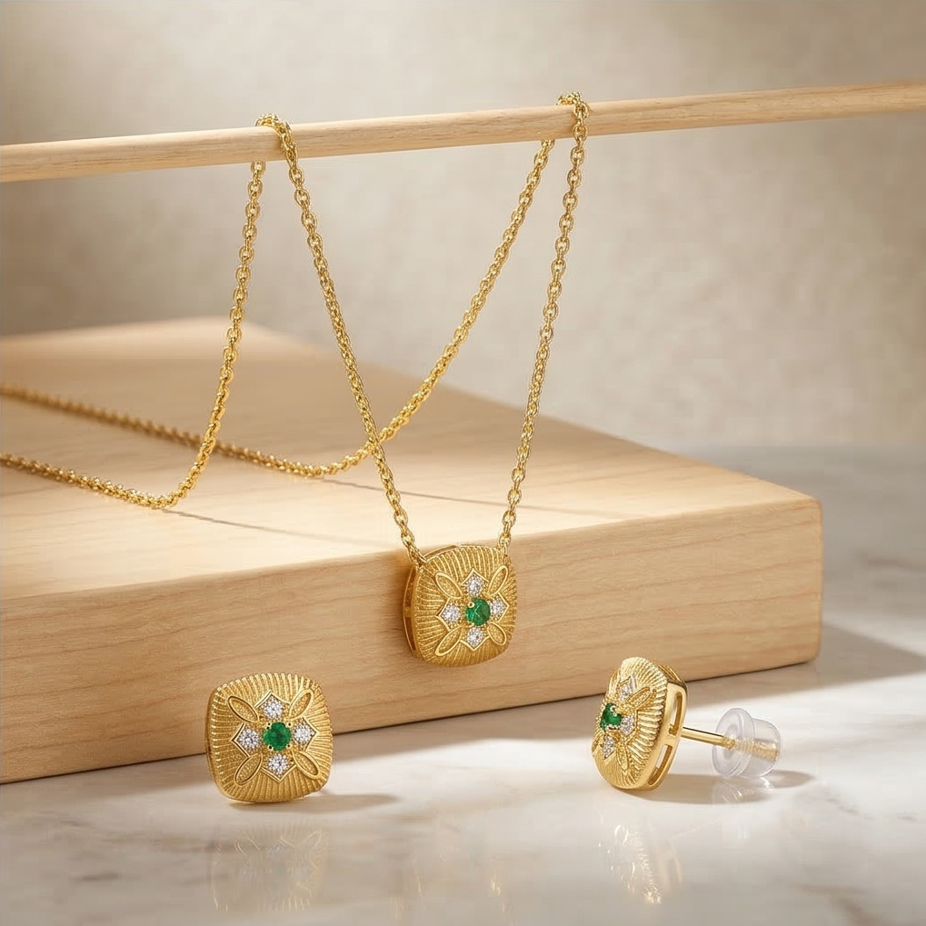 Luxe Collection - Textured Cushion Pendant Necklace And Earrings Set Yellow Gold Finish Vintage Jewellery : AGCPS0203015