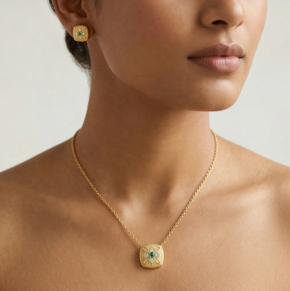 Luxe Collection - Textured Cushion Pendant Necklace And Earrings Set Yellow Gold Finish Vintage Jewellery : AGCPS0203015